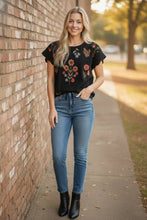 Load image into Gallery viewer, Bohemian Bloom Embroidered Scallop Sleeve Top with Drawstring Hem

