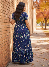 Load image into Gallery viewer, Rustling Petals Floral V-Neck Short Sleeve Dress in Dark Blue
