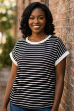 Load image into Gallery viewer, Sailor’s Solace Contrast Cap-Sleeve Stripe Tee in Black
