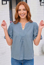 Load image into Gallery viewer, Dusty Blue Dreams Embroidered V-Neck Top
