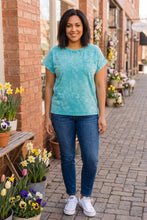 Load image into Gallery viewer, Vintage Muse Acid Wash Round Neck Folded Short Sleeve Tee in Teal
