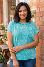 Load image into Gallery viewer, Vintage Muse Acid Wash Round Neck Folded Short Sleeve Tee in Teal
