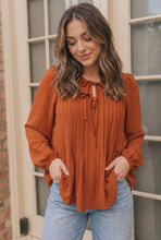 Load image into Gallery viewer, Sipping Apple Cider Tie Neck Blouse

