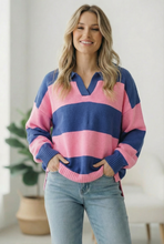 Load image into Gallery viewer, I'll Be On The Sidelines Blue and Pink Sweater
