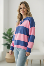 Load image into Gallery viewer, I'll Be On The Sidelines Blue and Pink Sweater
