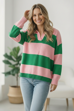 Load image into Gallery viewer, I'll Be On The Sidelines Green and Pink Sweater
