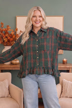 Load image into Gallery viewer, Ruffle the Rules Plaid Flannel Top in Green
