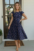 Load image into Gallery viewer, Navy Floral Flutter Sleeve Midi Dress
