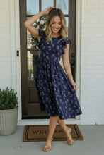 Load image into Gallery viewer, Navy Floral Flutter Sleeve Midi Dress
