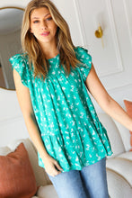 Load image into Gallery viewer, Mint Floral Yoke Flutter Sleeve Keyhole Back Top
