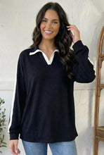 Load image into Gallery viewer, Varsity Vibes Notched Collar Black Top
