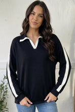 Load image into Gallery viewer, Varsity Vibes Notched Collar Black Top
