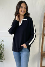 Load image into Gallery viewer, Varsity Vibes Notched Collar Black Top
