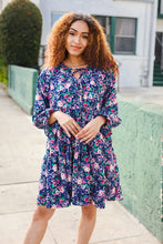 Load image into Gallery viewer, Feeling Joyful Bow Tie Babydoll Long Ruffle Sleeve Dress in Navy Floral
