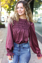 Load image into Gallery viewer, Be Your Best Satin Shirred Yoke Frilled Mock Neck Top in Wine
