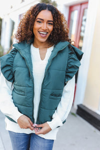 Feeling Festive Zipper Up Quilted Ruffle Sleeve Puffer Vest in Hunter Green