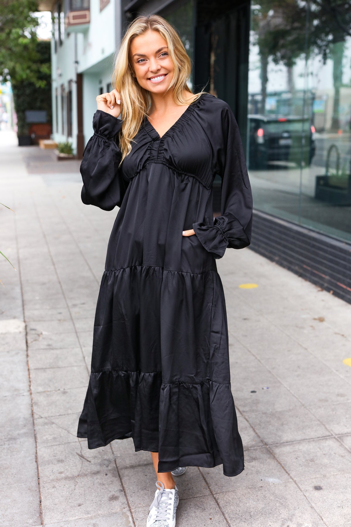 Elegant Elastic V Neck Tiered Satin Maxi Dress in Black