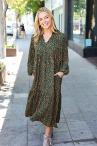 Hunter Green Floral Print Notched Neck Tiered Maxi Dress