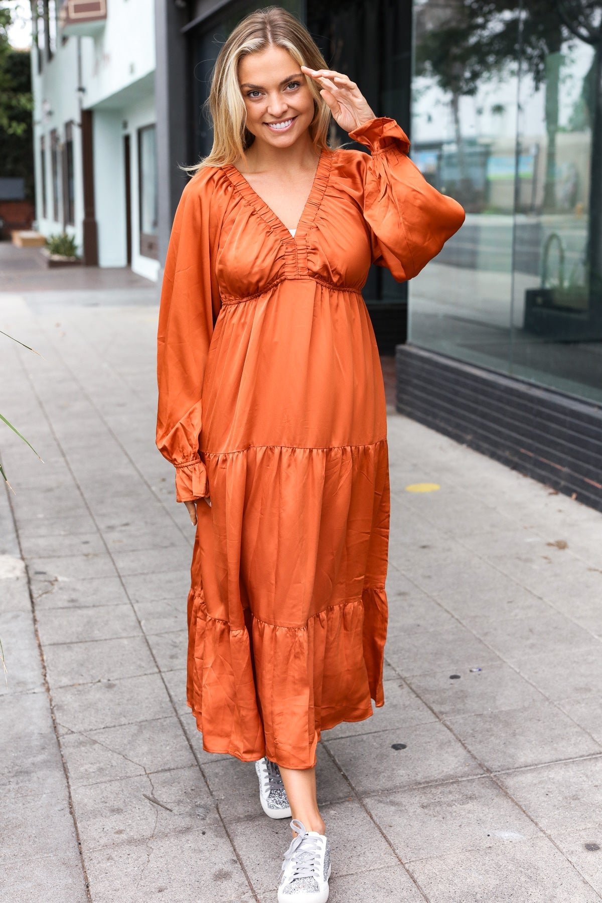 Elegant Elastic V Neck Tiered Satin Maxi Dress in Rust