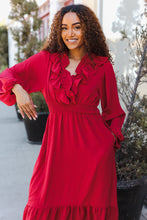 Load image into Gallery viewer, Beautiful You Holiday Overlap Ruffle V Neck Midi Dress in Red
