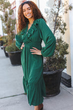 Load image into Gallery viewer, Beautiful You Holiday Overlap Ruffle V Neck Midi Dress in  Green
