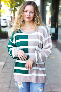 Striped Color Block Sweater in Hunter Green & Taupe