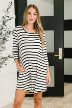 Load image into Gallery viewer, Haute Mess Scooped Hem Casual Dress in Black and White Striped
