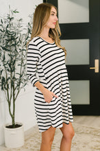 Load image into Gallery viewer, Haute Mess Scooped Hem Casual Dress in Black and White Striped
