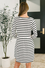 Load image into Gallery viewer, Haute Mess Scooped Hem Casual Dress in Black and White Striped
