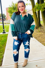 Load image into Gallery viewer, Falling For You Color Block Collared French Terry Top in Hunter Green
