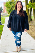 Load image into Gallery viewer, Boho Vibes Notched Neck Smocked Bubble Sleeve Top in Black
