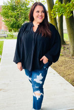 Load image into Gallery viewer, Boho Vibes Notched Neck Smocked Bubble Sleeve Top in Black
