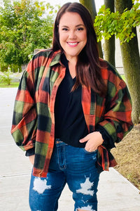 Rock'n Plaid Button Down Oversized Shirt in Olive & Rust