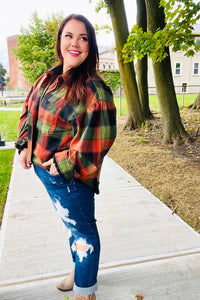 Rock'n Plaid Button Down Oversized Shirt in Olive & Rust