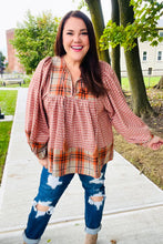 Load image into Gallery viewer, Under Your Spell Rust Plaid Color Block Notch Neck Top
