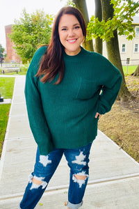 Classy Chic Mock Neck Chest Pocket Knit Sweater in Hunter Green