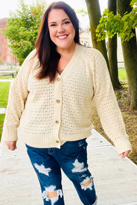 Follow Me Pointelle Knit Button Down Cardigan in Oatmeal