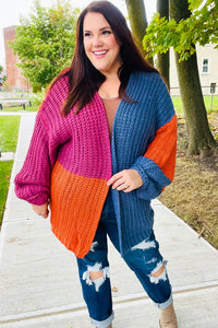 Dazzle In Magenta & Navy Chunky Knit Color Block Cardigan