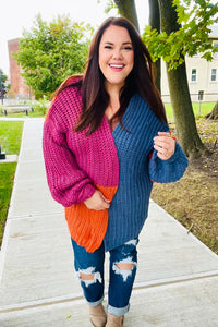 Dazzle In Magenta & Navy Chunky Knit Color Block Cardigan