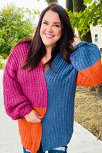 Load image into Gallery viewer, Dazzle In Magenta &amp; Navy Chunky Knit Color Block Cardigan
