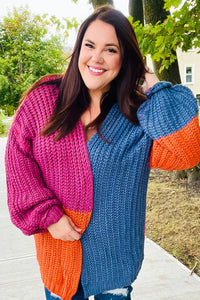 Dazzle In Magenta & Navy Chunky Knit Color Block Cardigan