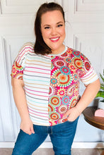 Load image into Gallery viewer, Always Fun Ivory &amp; Fuchsia Stripe and Crochet Print Top
