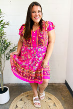 Load image into Gallery viewer, Find Romance Fuchsia Boho Floral Button V Neck Ruffle Dress
