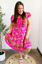 Load image into Gallery viewer, Find Romance Fuchsia Boho Floral Button V Neck Ruffle Dress
