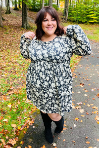 Just Be You Floral Long Sleeve Babydoll Dress in Charcoal Blue