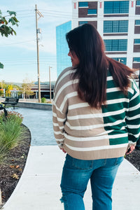 Striped Color Block Sweater in Hunter Green & Taupe