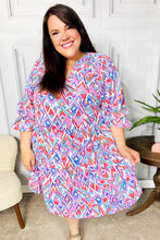 Load image into Gallery viewer, Love Found Blue &amp; Lavender Ikat Print V Neck Dress
