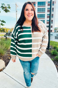 Striped Color Block Sweater in Hunter Green & Taupe