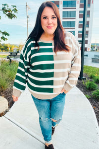 Striped Color Block Sweater in Hunter Green & Taupe