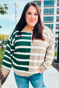 Striped Color Block Sweater in Hunter Green & Taupe